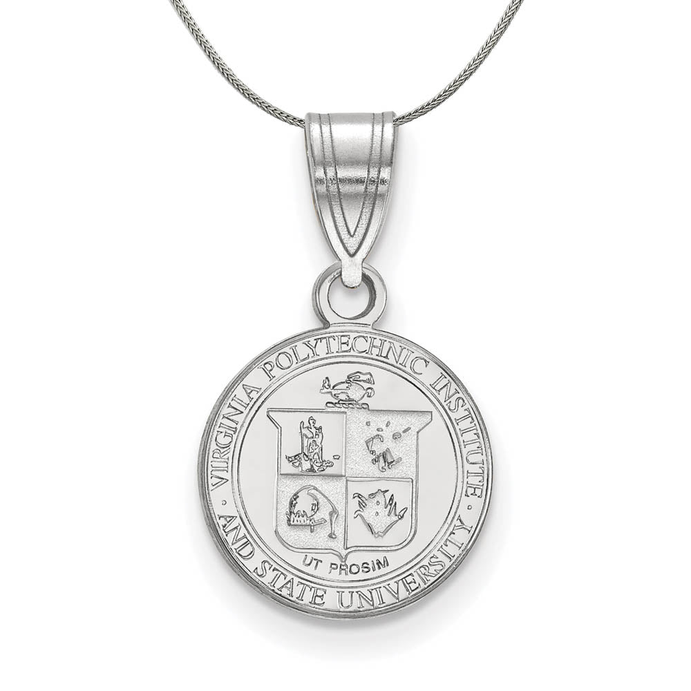 Sterling Silver Virginia Tech Medium Crest Pendant Necklace, Item N16976 by The Black Bow Jewelry Co.