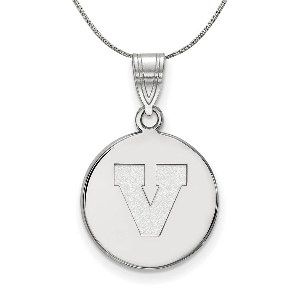 Sterling Silver U. of Virginia Medium Initial V Disc Necklace, Item N16999 by The Black Bow Jewelry Co.