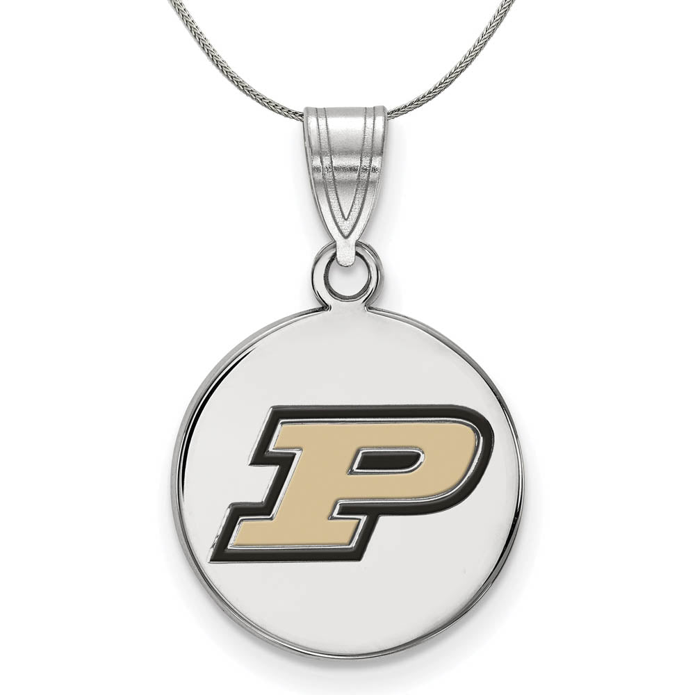 Sterling Silver Purdue Medium Enamel 'P' Disc Necklace, Item N17026 by The Black Bow Jewelry Co.
