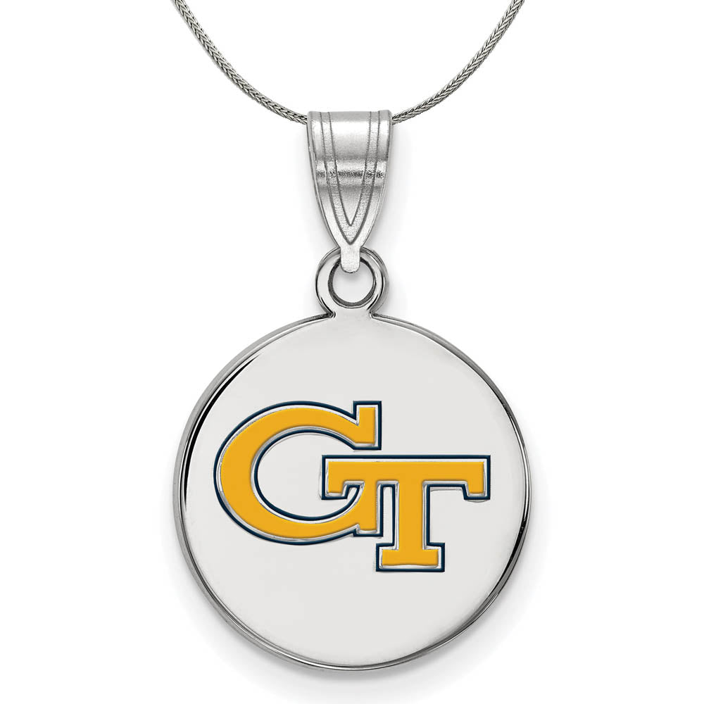 Sterling Silver Georgia Tech Md Enameled Disc Pendant Necklace, Item N17028 by The Black Bow Jewelry Co.