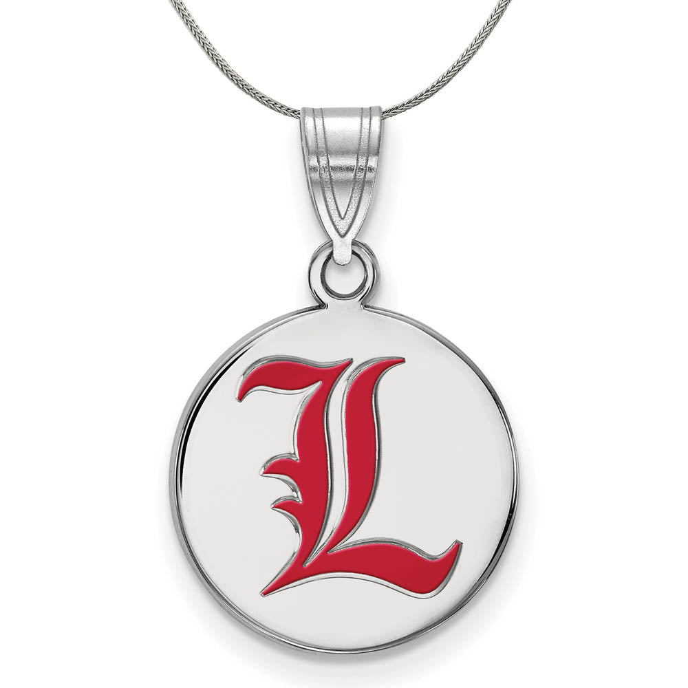 Sterling Silver U. of Louisville Medium Enamel Disc Necklace, Item N17031 by The Black Bow Jewelry Co.