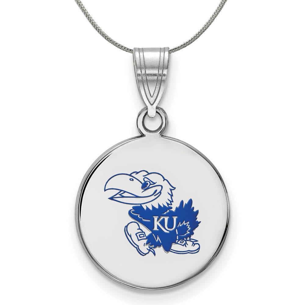 Sterling Silver U. of Kansas Medium Enamel Disc Pendant Necklace, Item N17034 by The Black Bow Jewelry Co.