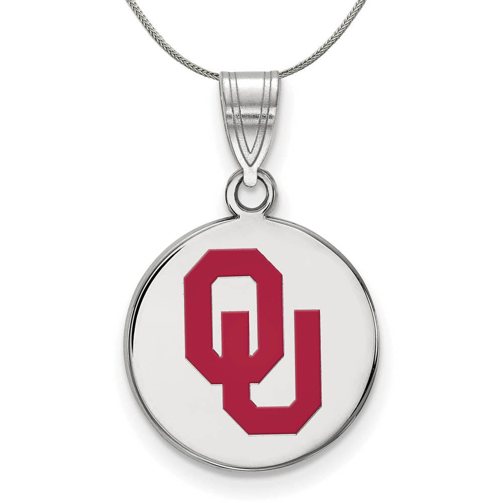 Sterling Silver U. of Oklahoma Medium Enamel 'OU' Disc Necklace, Item N17036 by The Black Bow Jewelry Co.