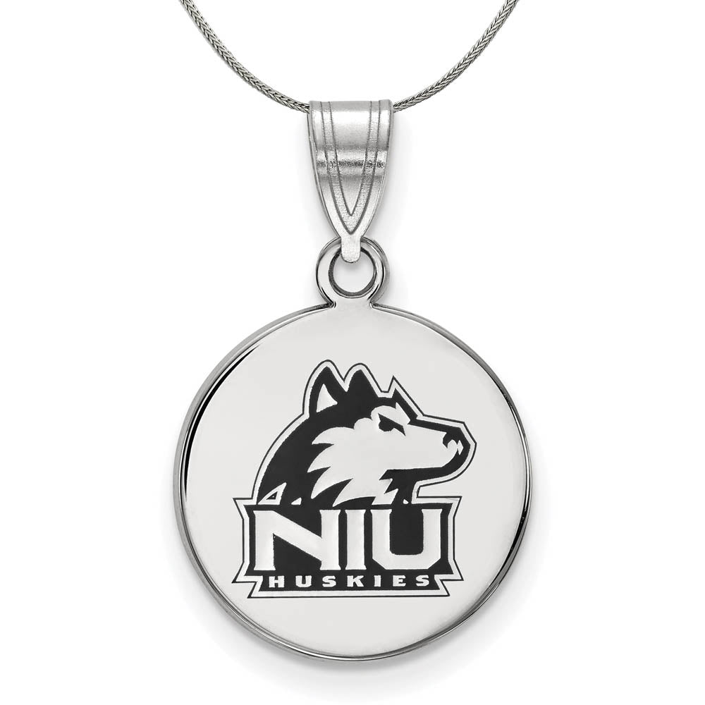 Sterling Silver Northern Illinois U Medium Enamel Disc Necklace, Item N17038 by The Black Bow Jewelry Co.