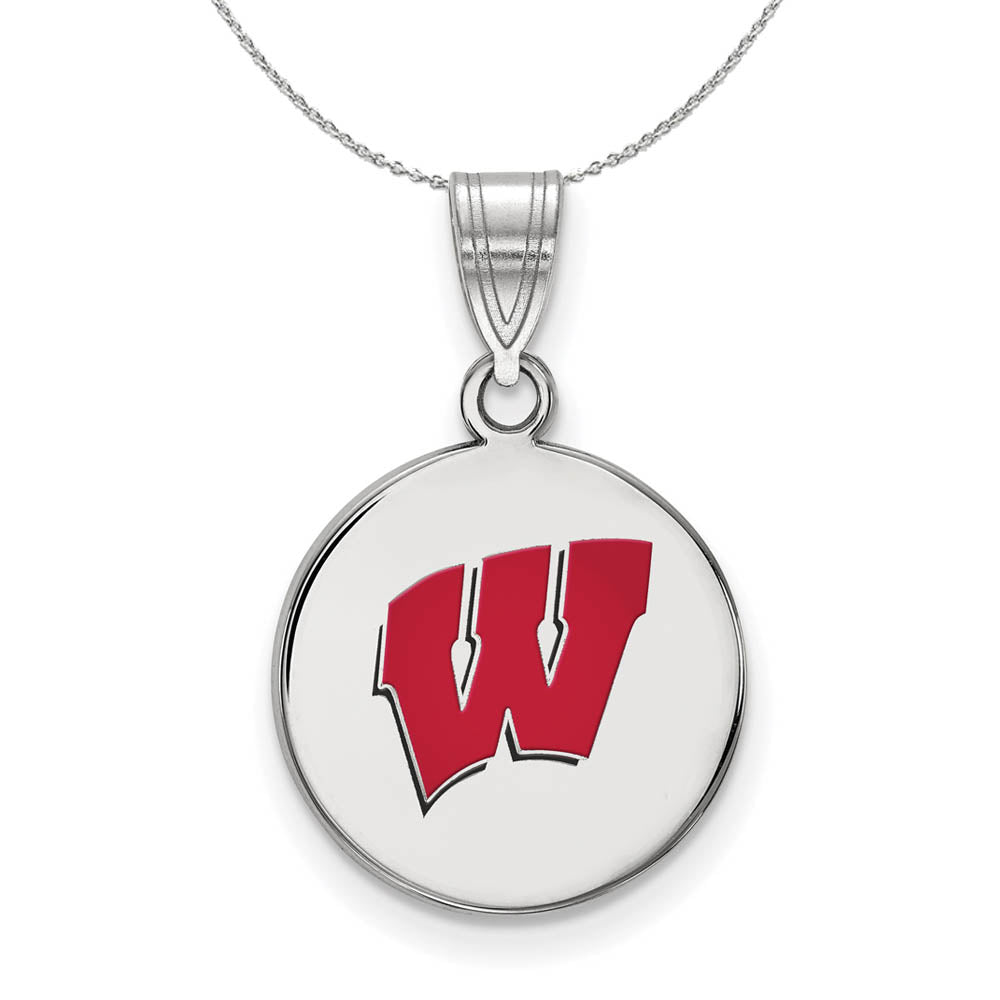 Sterling Silver U. of Wisconsin Medium Enamel 'W' Disc Necklace, Item N17055 by The Black Bow Jewelry Co.