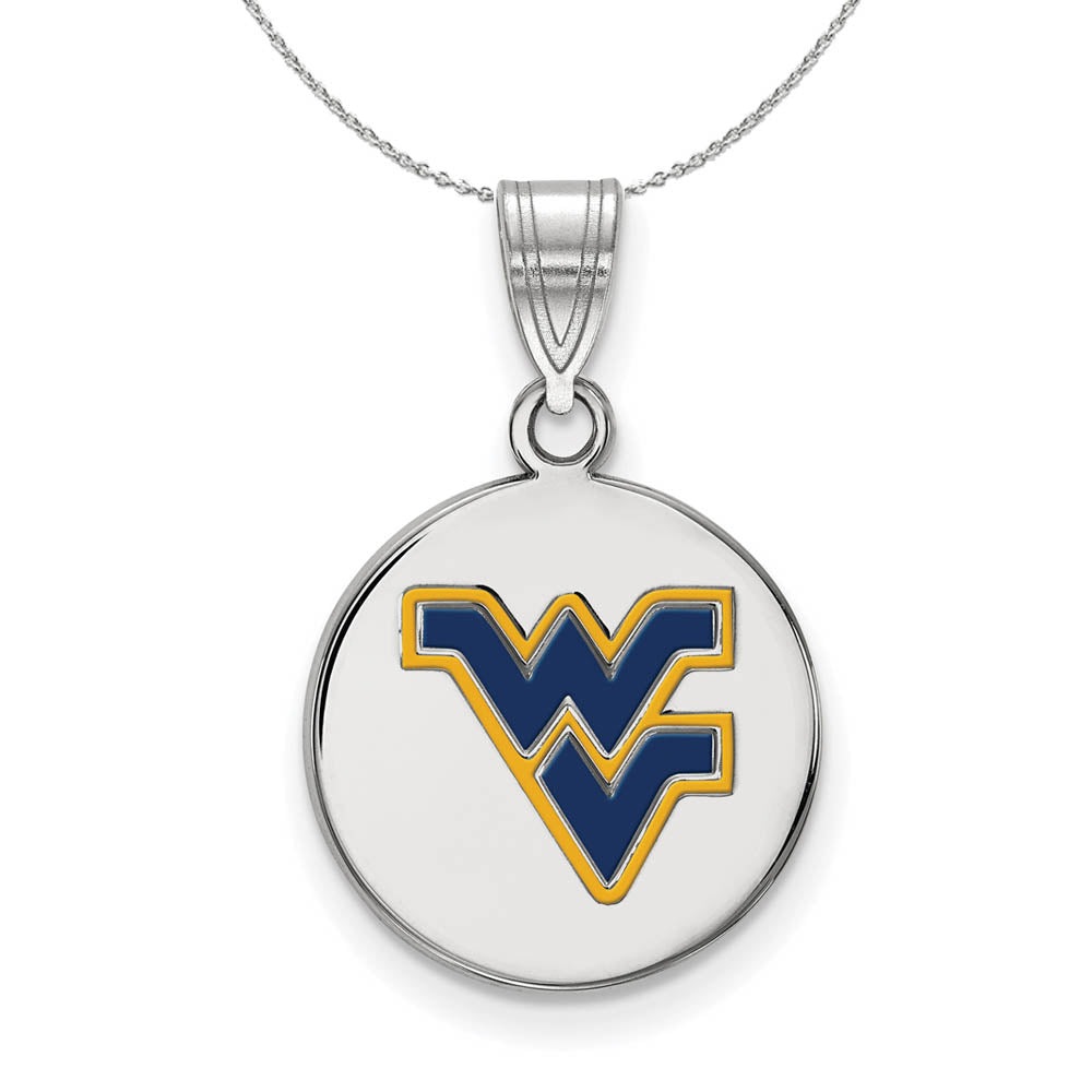 Sterling Silver West Virginia U. Medium Enamel Disc Necklace, Item N17056 by The Black Bow Jewelry Co.