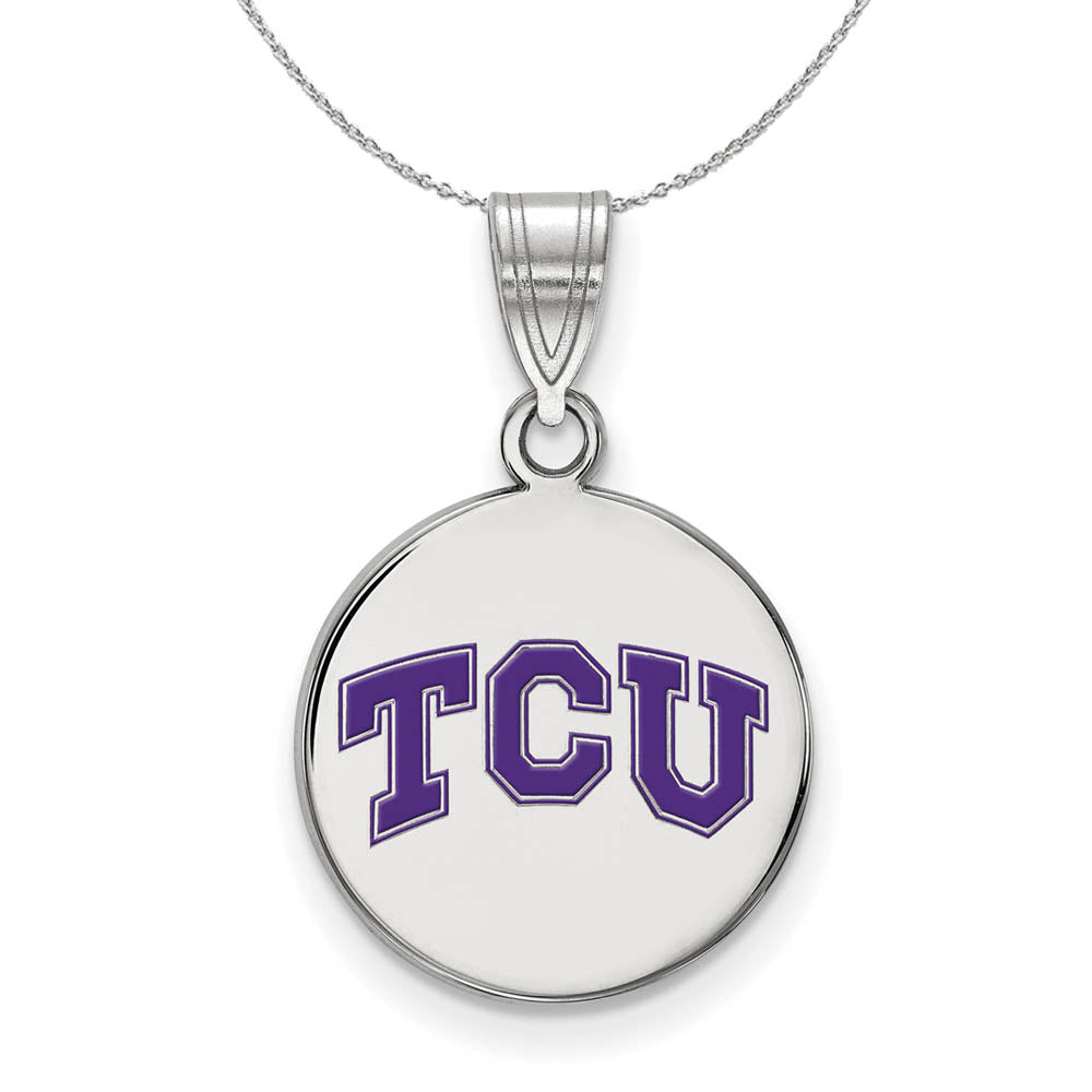 Sterling Silver Texas Christian U. Medium Enamel Disc Necklace, Item N17060 by The Black Bow Jewelry Co.