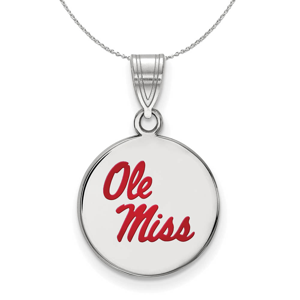 Sterling Silver U. of Mississippi Medium Enamel Disc Necklace, Item N17081 by The Black Bow Jewelry Co.