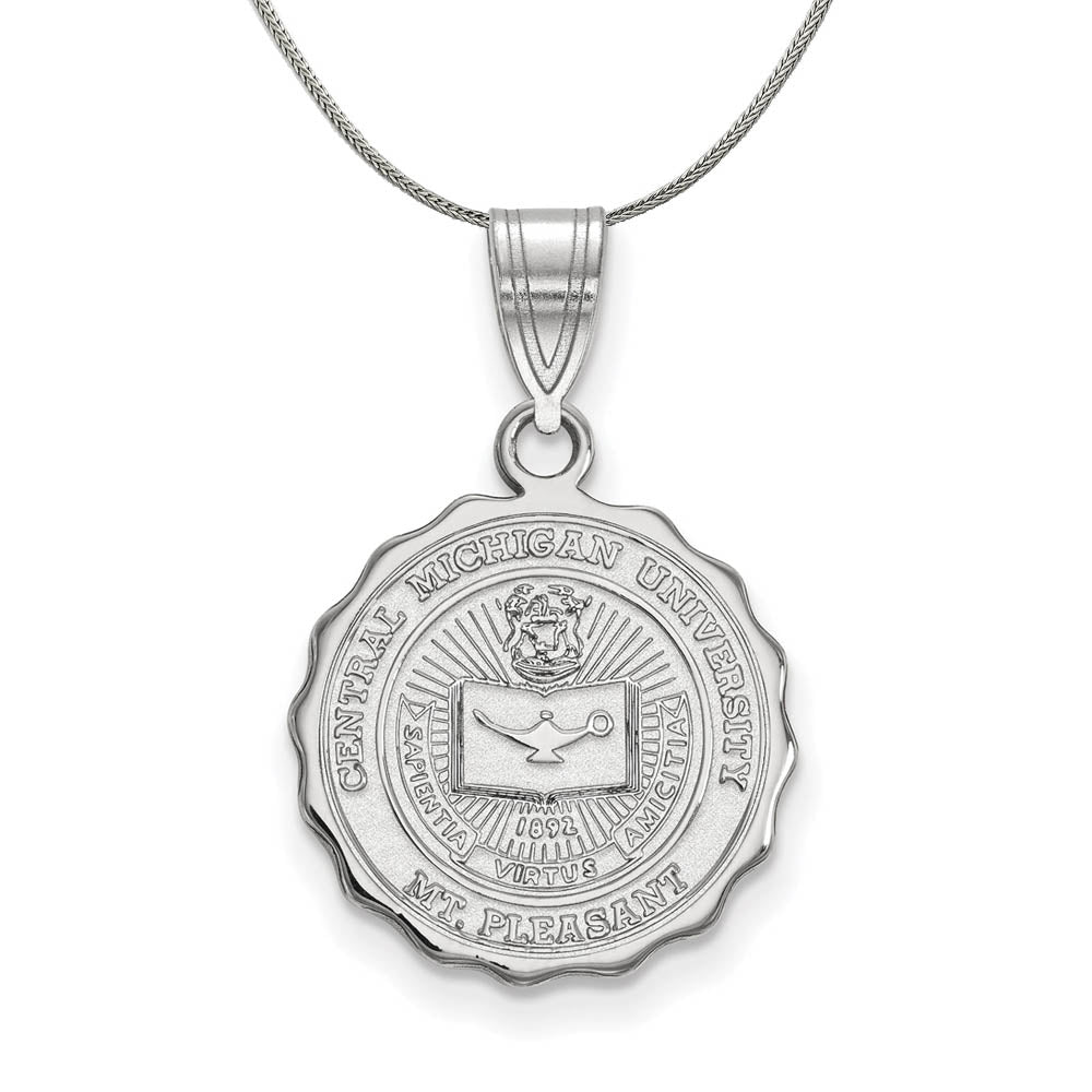 Sterling Silver Central Michigan U Medium Crest Pendant Necklace, Item N17161 by The Black Bow Jewelry Co.
