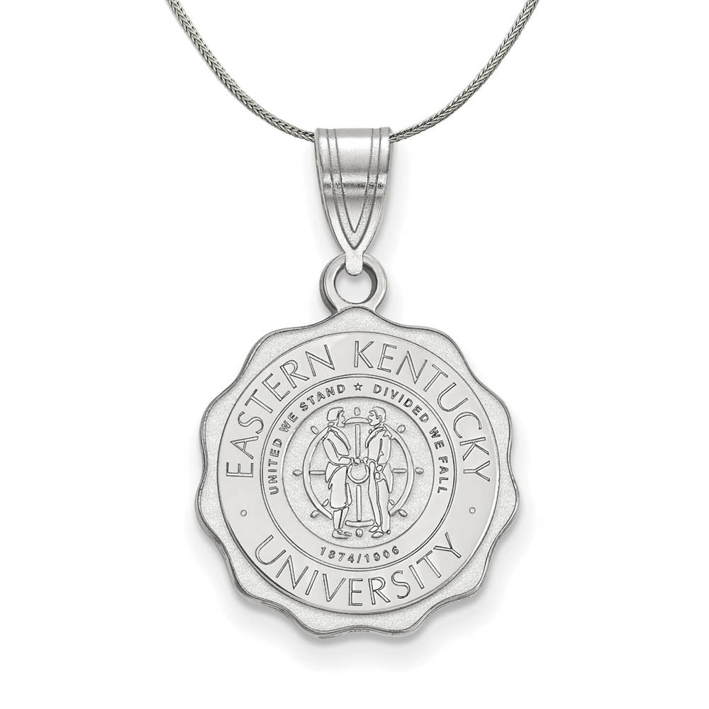 Sterling Silver Eastern Kentucky U Medium Crest Pendant Necklace, Item N17162 by The Black Bow Jewelry Co.