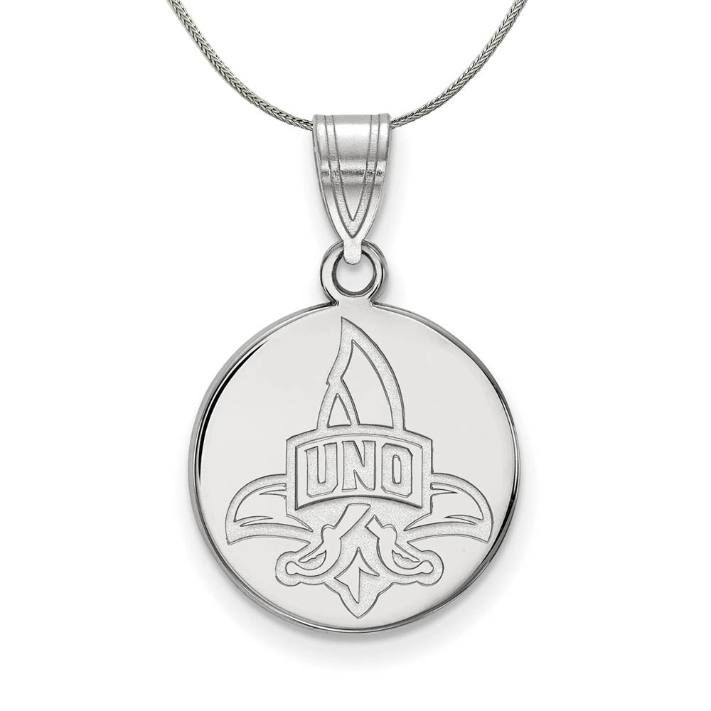 Sterling Silver U. of New Orleans Medium Disc Pendant Necklace, Item N17169 by The Black Bow Jewelry Co.