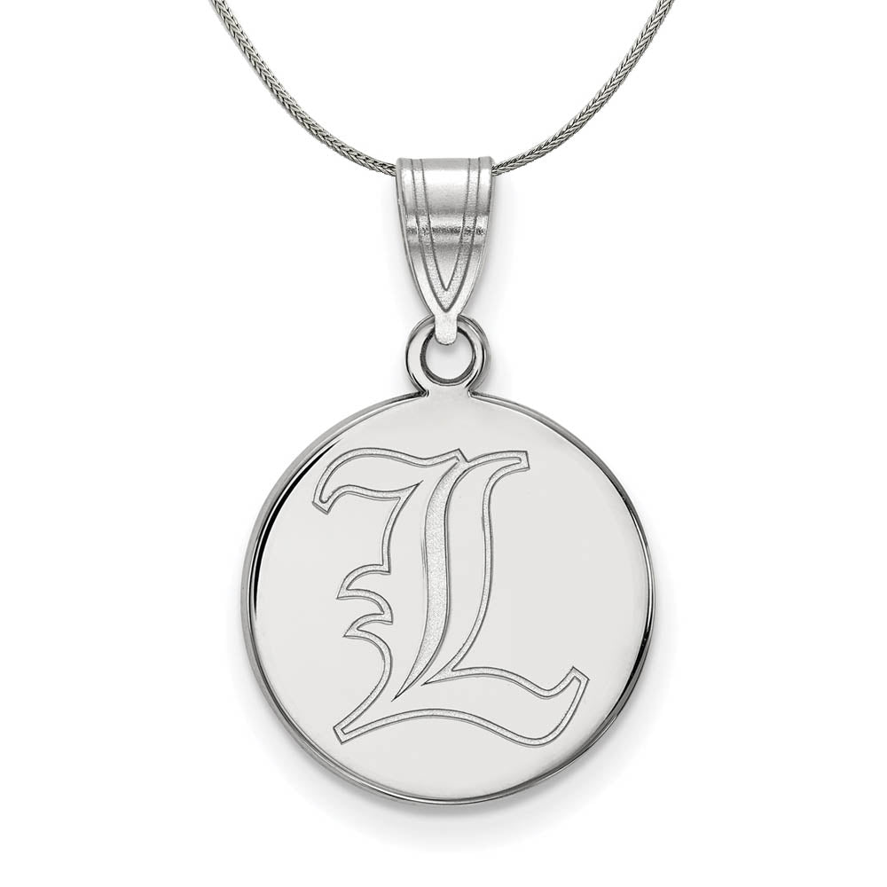 Sterling Silver U. of Louisville Medium Disc Pendant Necklace, Item N17190 by The Black Bow Jewelry Co.