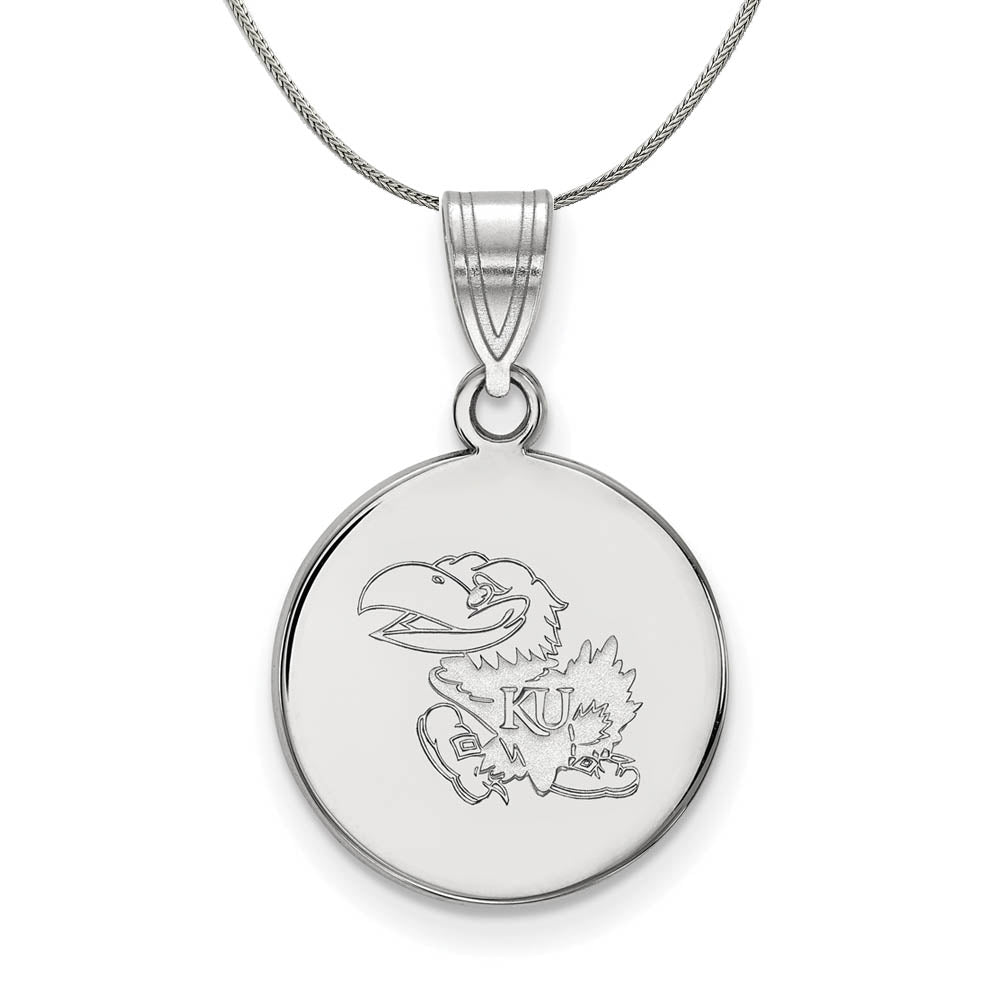 Sterling Silver U. of Kansas Medium Disc Pendant Necklace, Item N17192 by The Black Bow Jewelry Co.