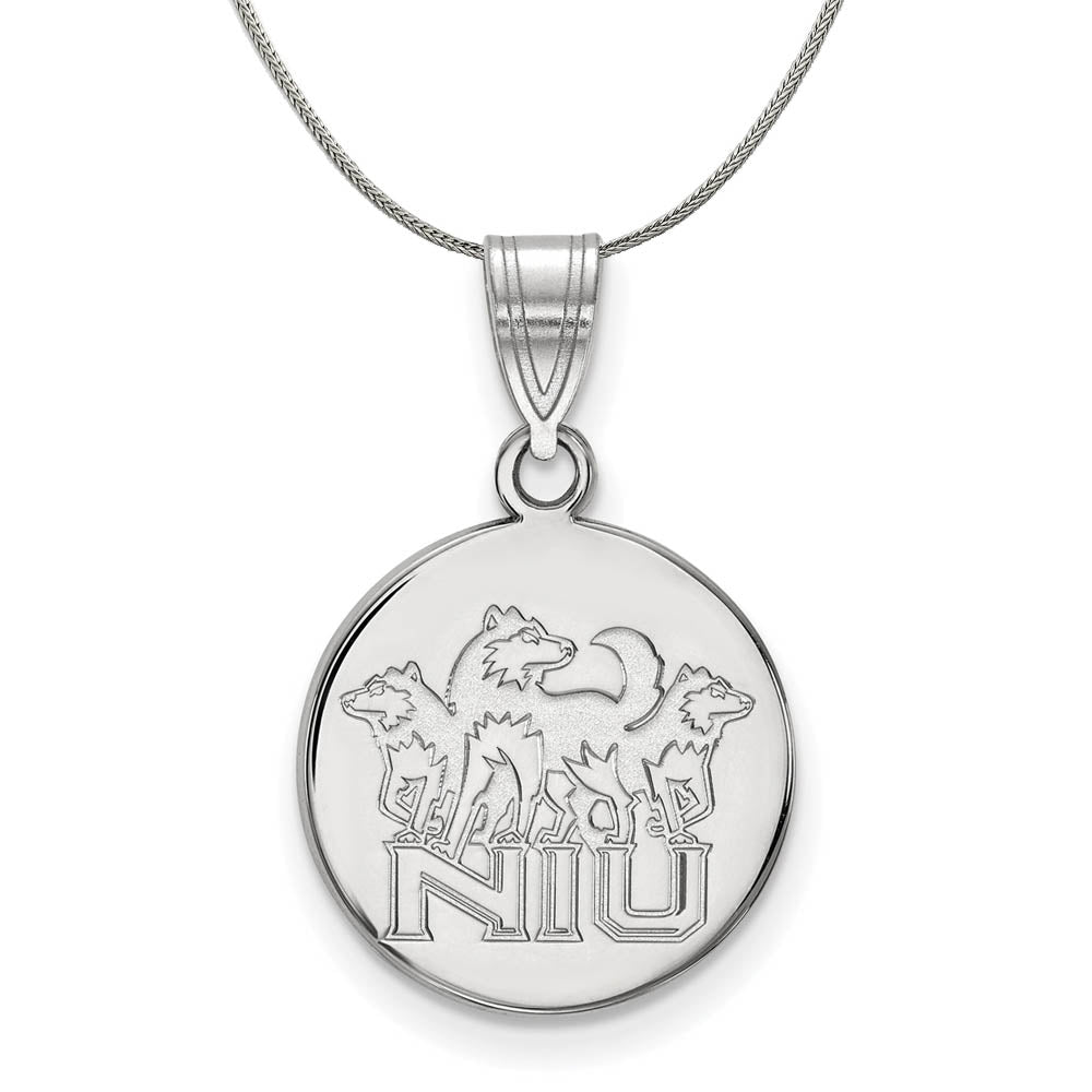 Sterling Silver Northern Illinois U. Medium Disc Pendant Necklace, Item N17195 by The Black Bow Jewelry Co.