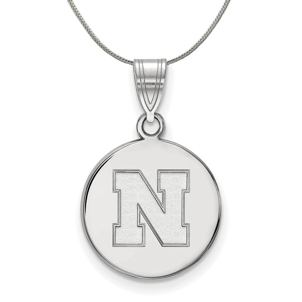 Sterling Silver U. of Nebraska Medium Initial N Disc Pendant Necklace, Item N17238 by The Black Bow Jewelry Co.