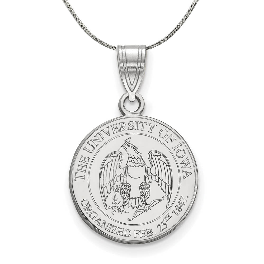 Sterling Silver U. of Iowa Medium Crest Disc Necklace, Item N17266 by The Black Bow Jewelry Co.