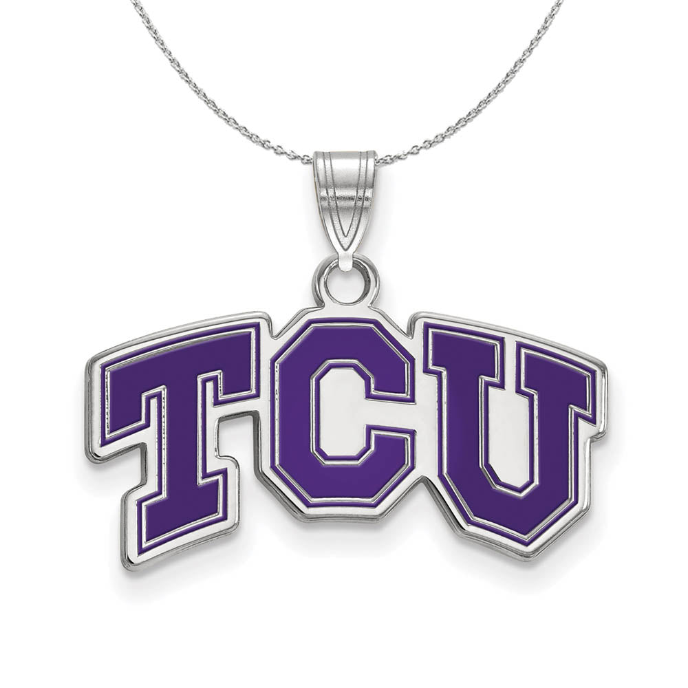 Sterling Silver Texas Christian U. Small 'TCU' Enamel Necklace, Item N17321 by The Black Bow Jewelry Co.
