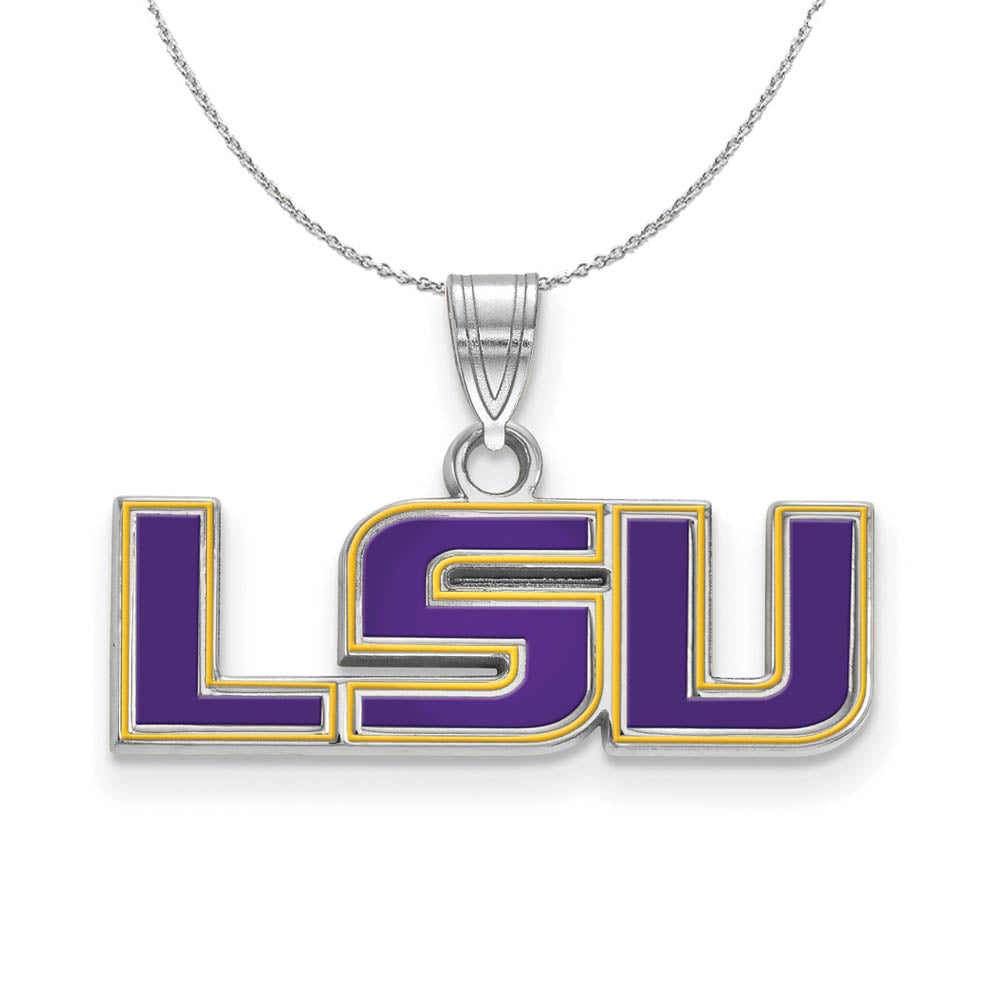 Sterling Silver Louisiana State Small Enamel 'LSU' Necklace, Item N17333 by The Black Bow Jewelry Co.