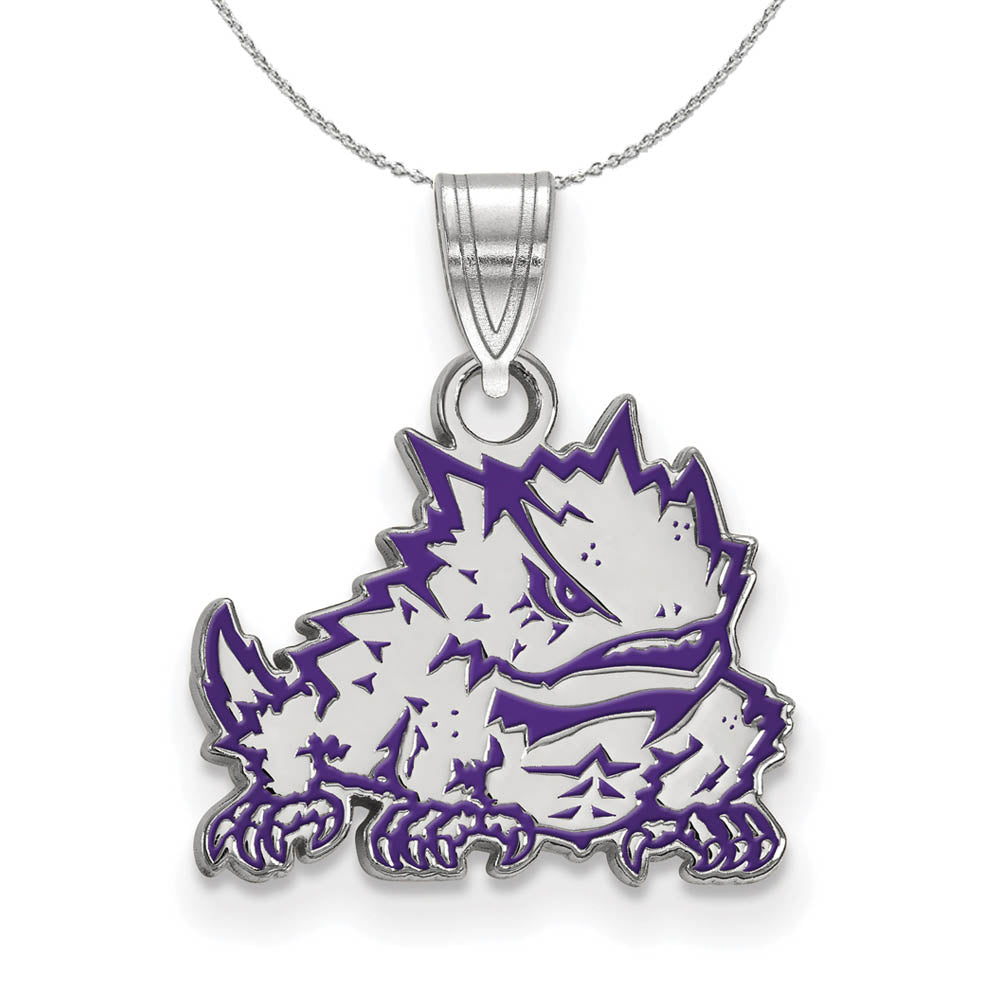 Sterling Silver Texas Christian U. Small Enamel Pendant Necklace, Item N17337 by The Black Bow Jewelry Co.