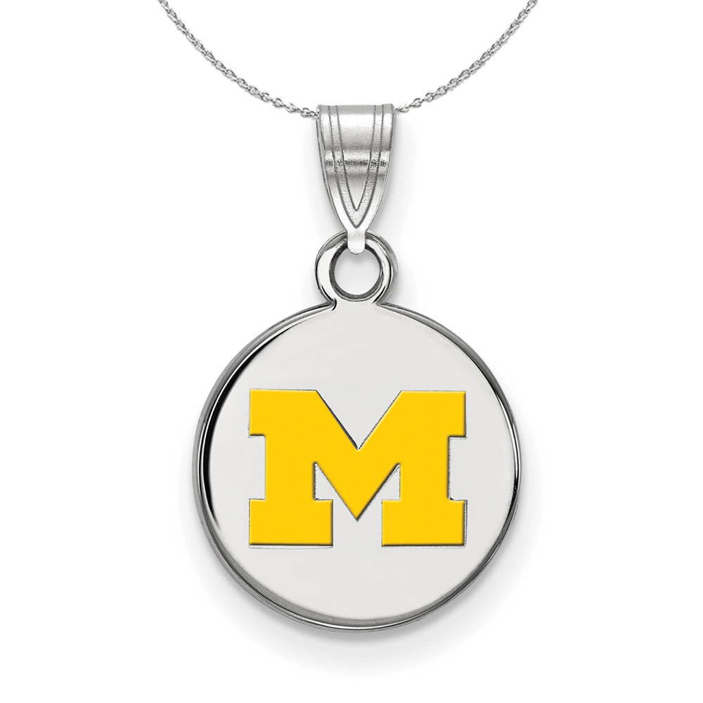 Sterling Silver U. of Michigan Small Yellow Enamel 'M' Disc Necklace, Item N17354 by The Black Bow Jewelry Co.