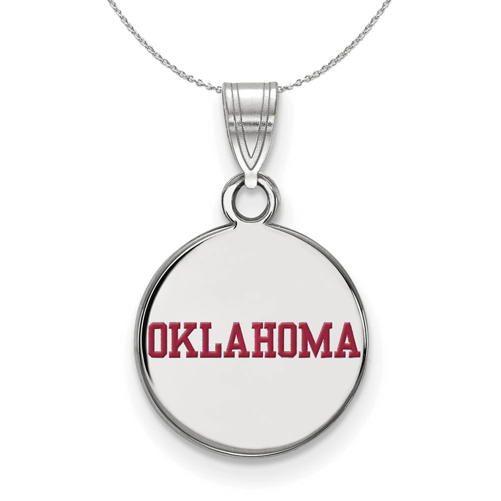 Sterling Silver U of Oklahoma Small Enamel Disc Pendant Necklace, Item N17358 by The Black Bow Jewelry Co.
