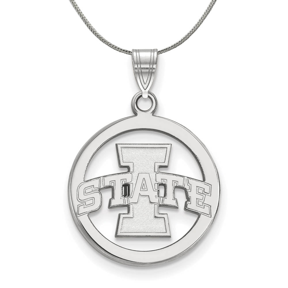 Sterling Silver Iowa State Small Circle Pendant Necklace, Item N17478 by The Black Bow Jewelry Co.