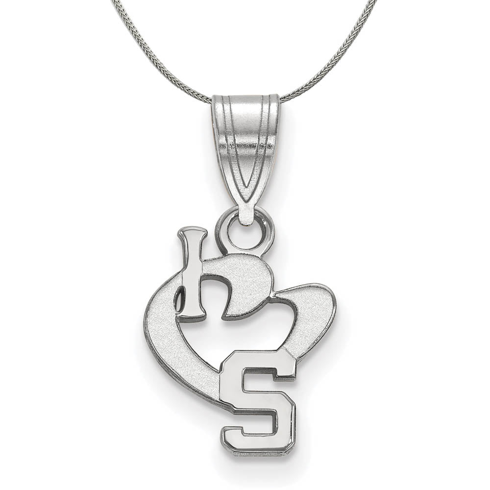 Sterling Silver Michigan State Small I Love Logo Pendant Necklace, Item N17498 by The Black Bow Jewelry Co.