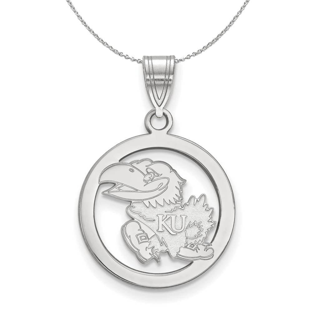 Sterling Silver U. of Kansas Small Circle Pendant Necklace, Item N17542 by The Black Bow Jewelry Co.