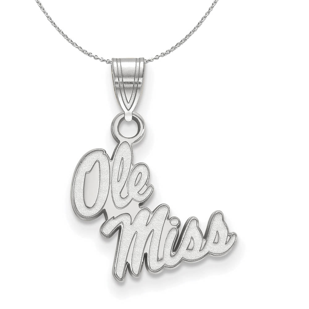 Sterling Silver U. of Mississippi Small Ole Miss Script Necklace, Item N17585 by The Black Bow Jewelry Co.