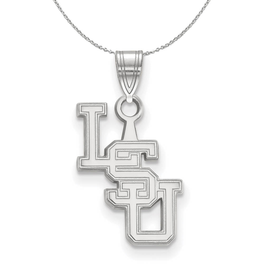 Sterling Silver Louisiana State Small 'LSU' Pendant Necklace, Item N17619 by The Black Bow Jewelry Co.