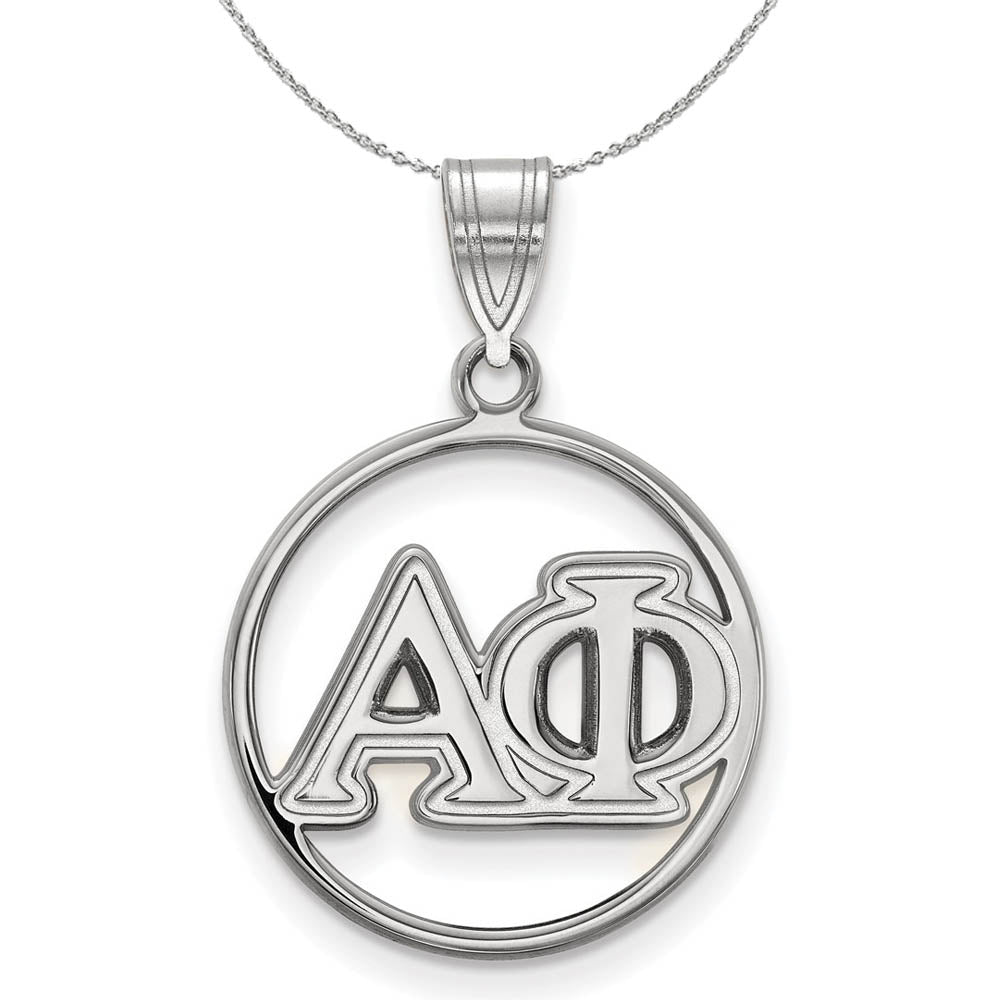 Sterling Silver Alpha Phi Medium Circle Greek Necklace, Item N17797 by The Black Bow Jewelry Co.