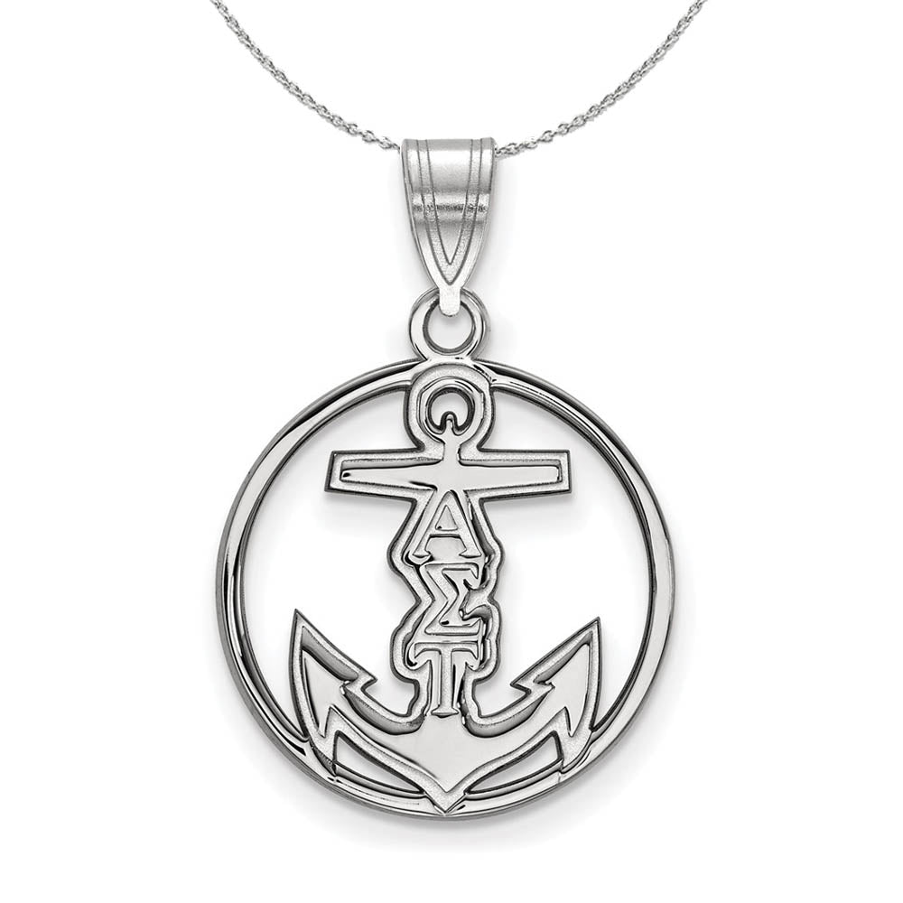 Sterling Silver Alpha Sigma Tau Medium Circle Pendant Necklace, Item N17822 by The Black Bow Jewelry Co.