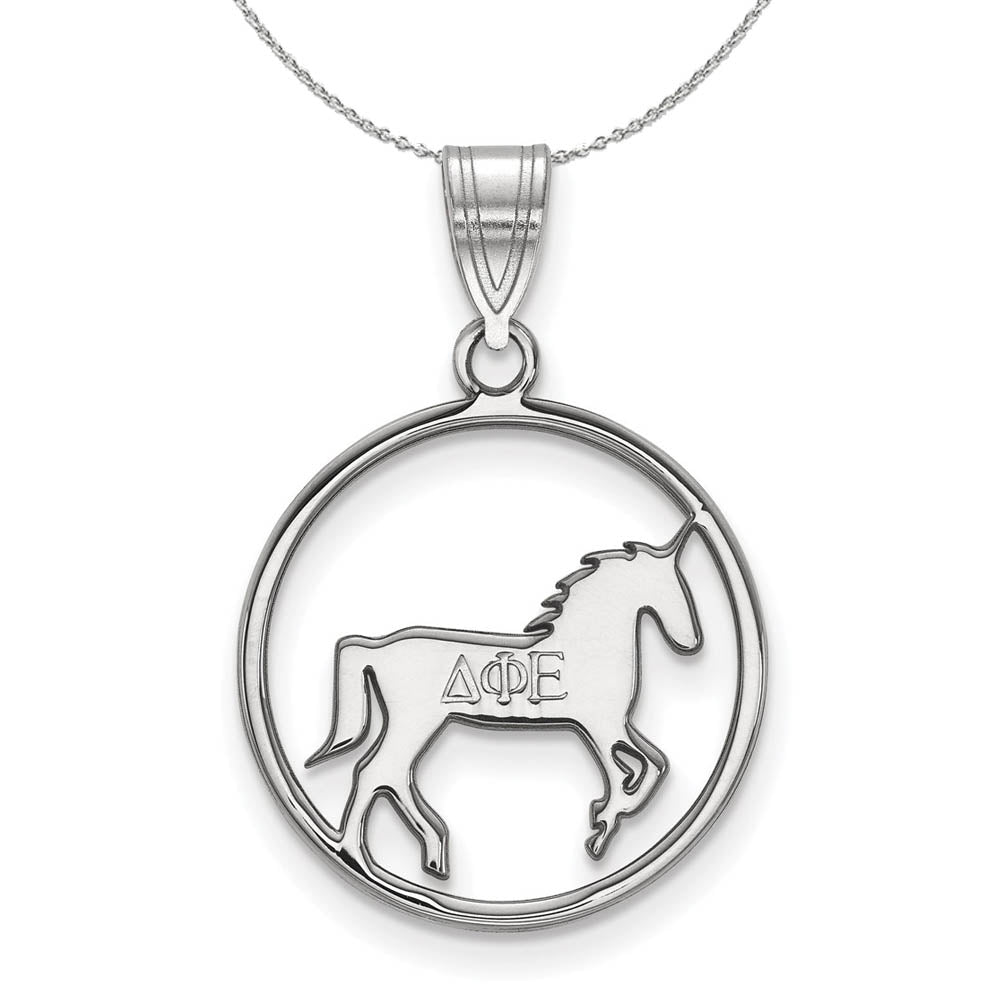 Sterling Silver Delta Phi Epsilon Medium Circle Pendant Necklace, Item N17872 by The Black Bow Jewelry Co.