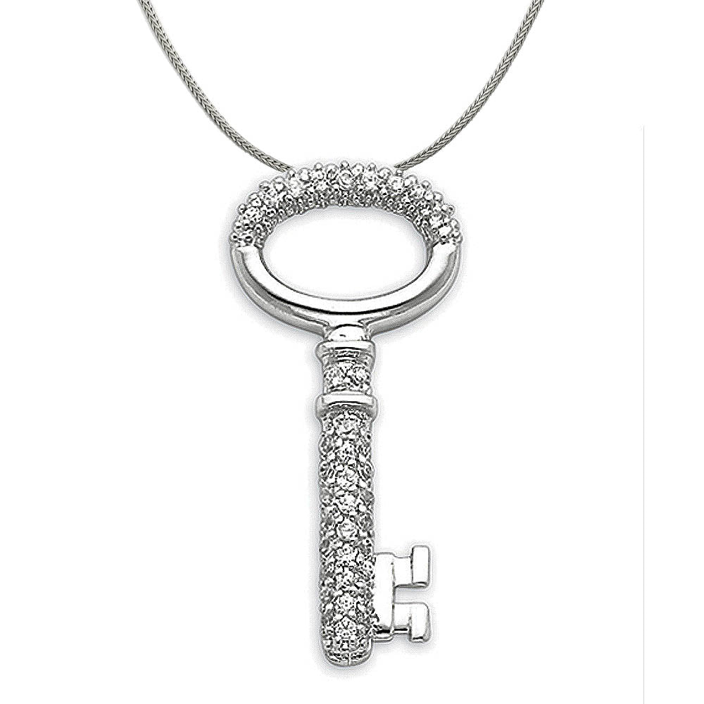 Sterling Silver Key To My Heart Pendant with Cubic Zirconia Necklace, Item N18003 by The Black Bow Jewelry Co.
