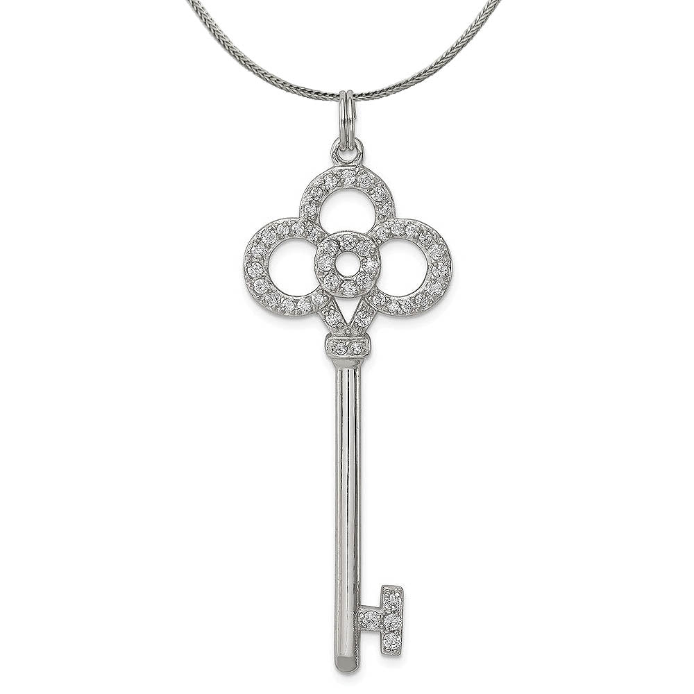 Silver Four Ring Cubic Zirconia Key Pendant, 1 7/8 In Necklace, Item N18005 by The Black Bow Jewelry Co.
