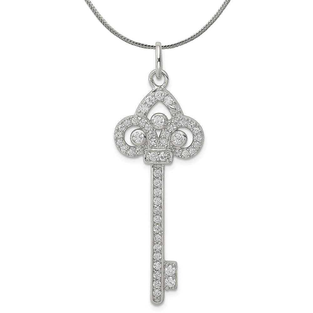 Sterling Silver and Cubic Zirconia Dazzling Key Pendant Necklace, Item N18007 by The Black Bow Jewelry Co.