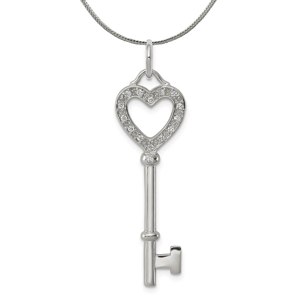 Sterling Silver and Cubic Zirconia Heart Key Pendant Necklace, Item N18013 by The Black Bow Jewelry Co.