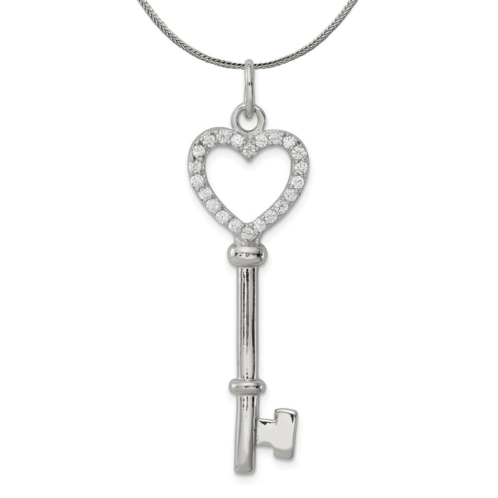 Sterling Silver and Cubic Zirconia Encrusted Heart Key Necklace, Item N18018 by The Black Bow Jewelry Co.
