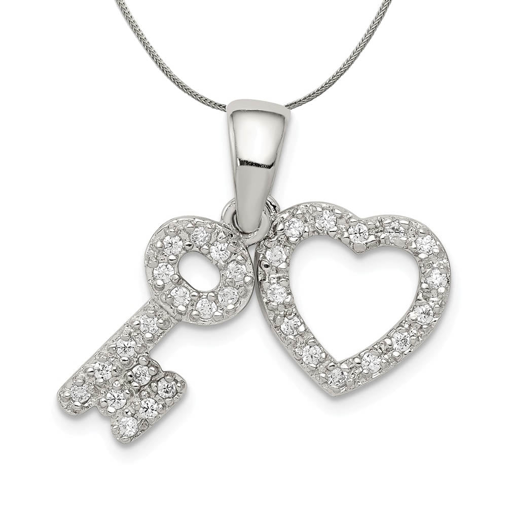 Sterling Silver and Cubic Zirconia Fancy Heart and Key Necklace, Item N18029 by The Black Bow Jewelry Co.