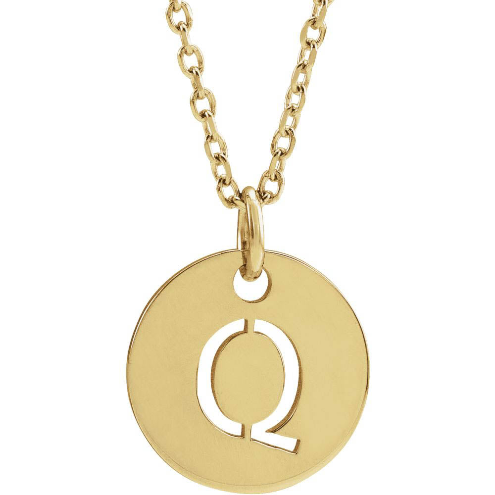 14k Yellow Gold Initial Q, Small 10mm Pierced Disc Necklace, 16-18 In., Item N18187-Q by The Black Bow Jewelry Co.
