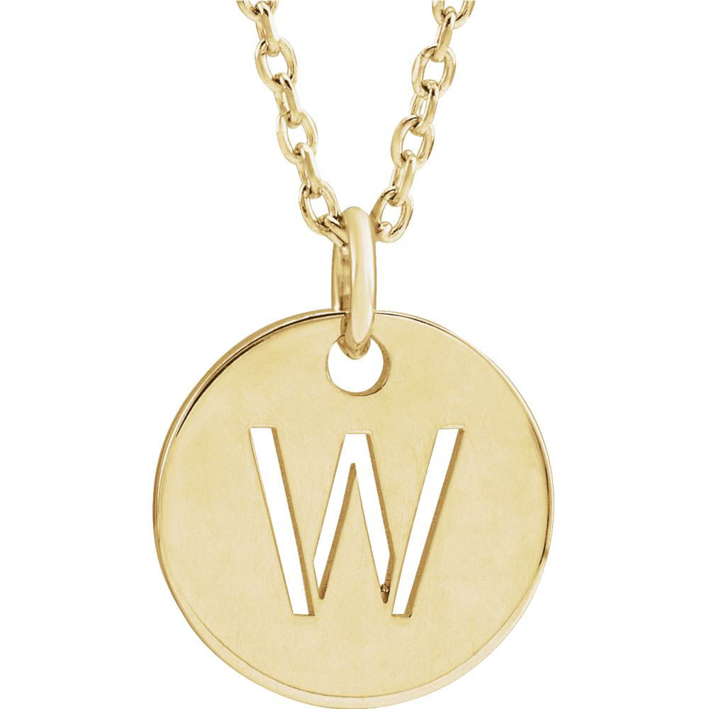 14k Yellow Gold Initial W, Small 10mm Pierced Disc Necklace, 16-18 In., Item N18187-W by The Black Bow Jewelry Co.