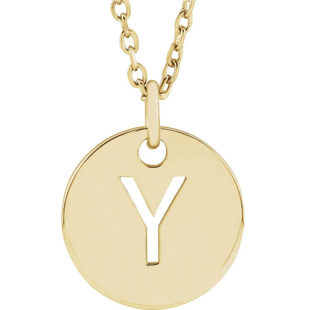 14k Yellow Gold Initial Y, Small 10mm Pierced Disc Necklace, 16-18 In., Item N18187-Y by The Black Bow Jewelry Co.