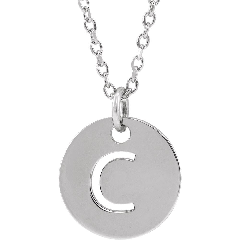 14k White Gold Initial C, Small 10mm Pierced Disc Necklace, 16-18 Inch, Item N18188-C by The Black Bow Jewelry Co.