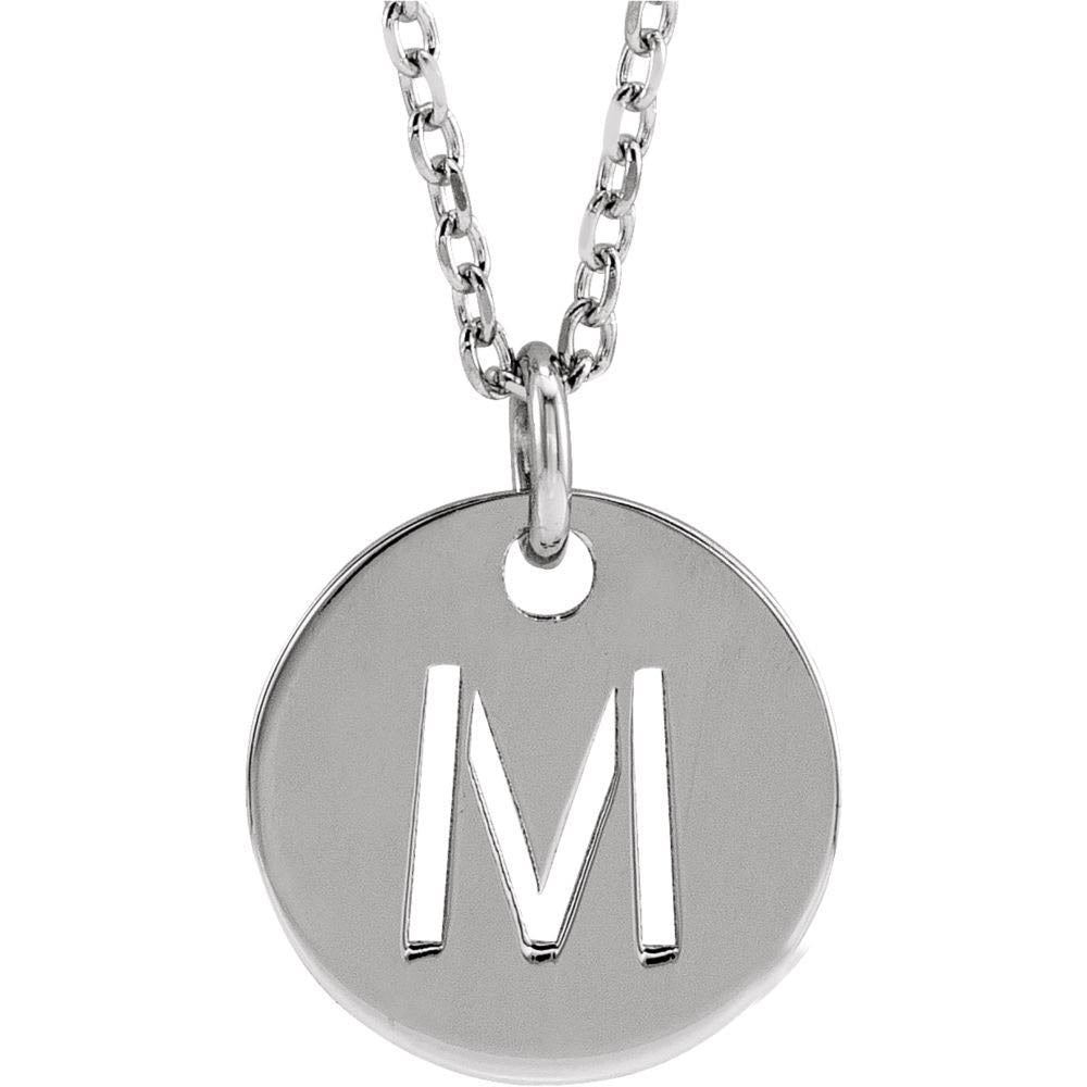 14k White Gold Initial M, Small 10mm Pierced Disc Necklace, 16-18 Inch, Item N18188-M by The Black Bow Jewelry Co.