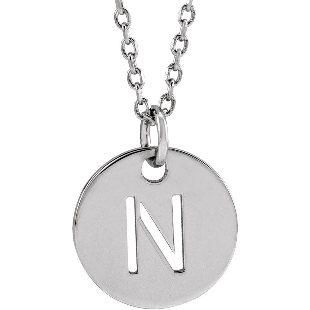 14k White Gold Initial N, Small 10mm Pierced Disc Necklace, 16-18 Inch, Item N18188-N by The Black Bow Jewelry Co.