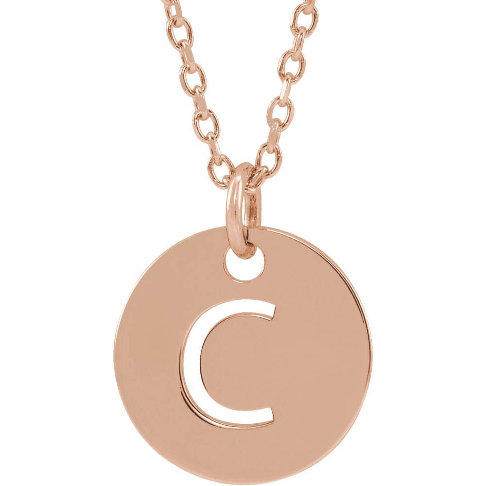 14k Rose Gold Initial C, Small 10mm Pierced Disc Necklace, 16-18 Inch, Item N18189-C by The Black Bow Jewelry Co.