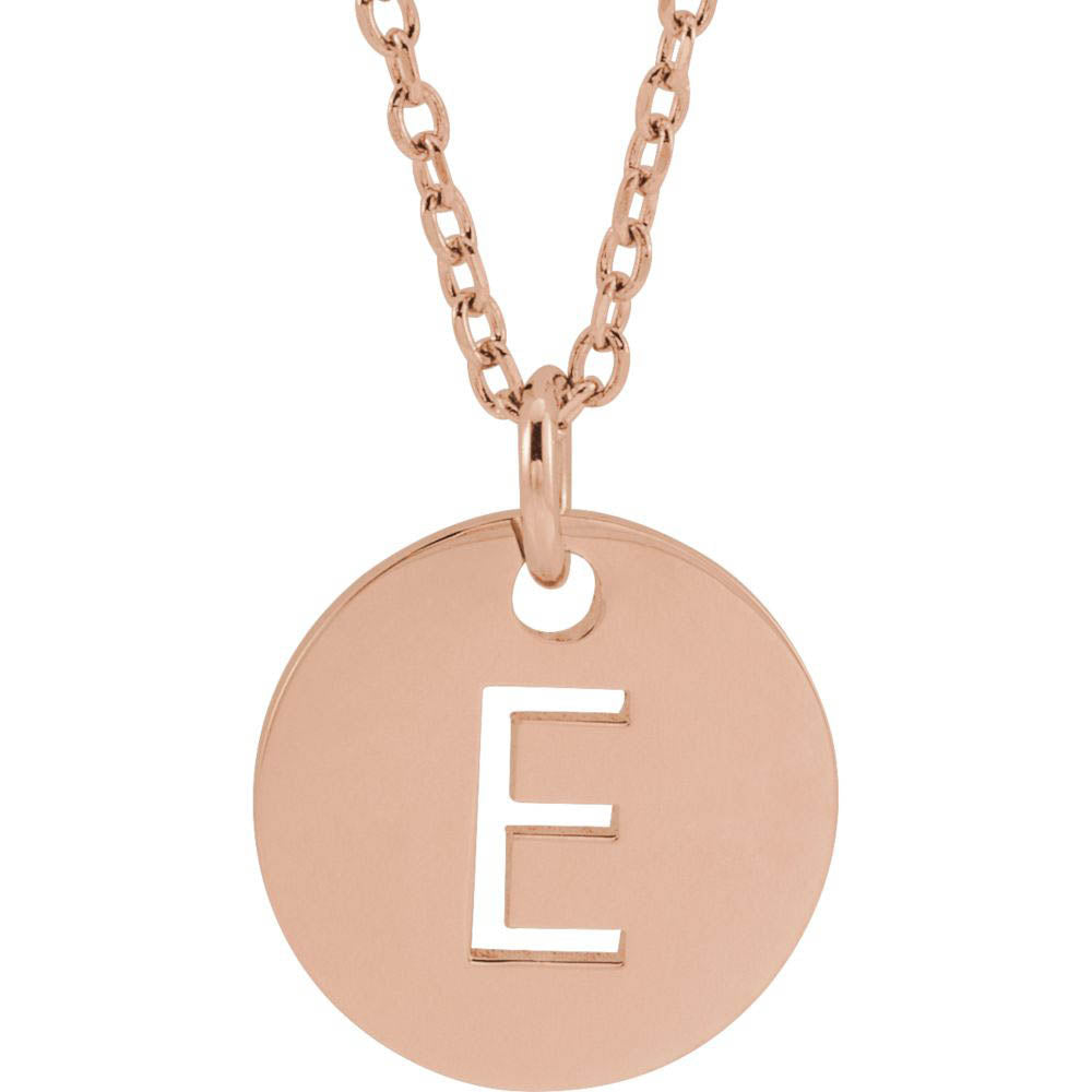 14k Rose Gold Initial E, Small 10mm Pierced Disc Necklace, 16-18 Inch, Item N18189-E by The Black Bow Jewelry Co.