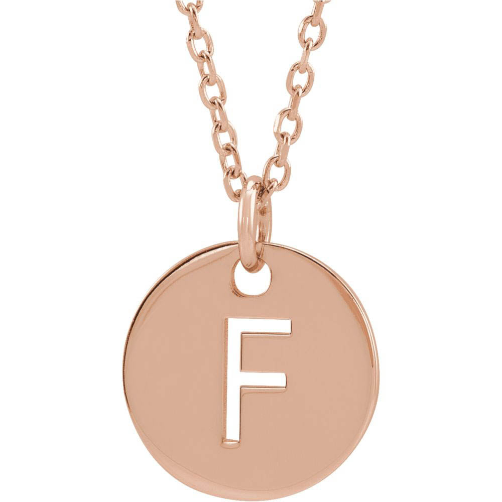 14k Rose Gold Initial F, Small 10mm Pierced Disc Necklace, 16-18 Inch, Item N18189-F by The Black Bow Jewelry Co.