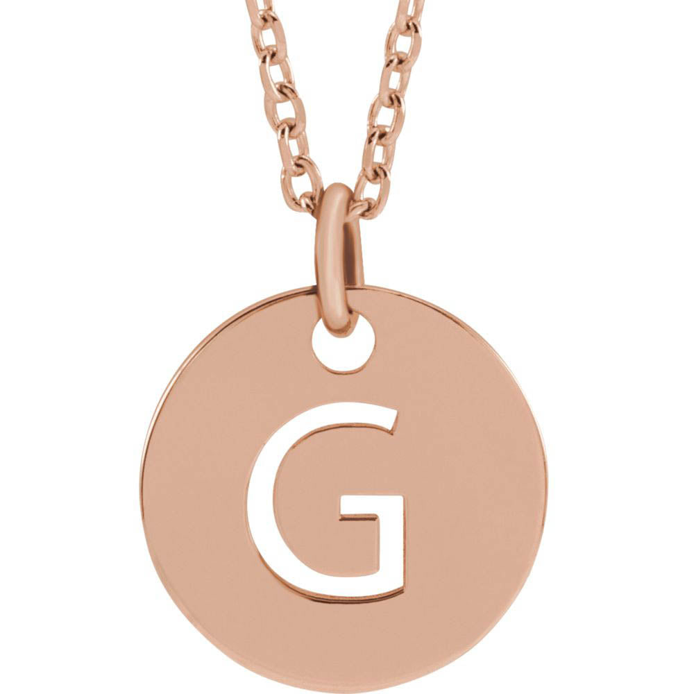 14k Rose Gold Initial G, Small 10mm Pierced Disc Necklace, 16-18 Inch, Item N18189-G by The Black Bow Jewelry Co.