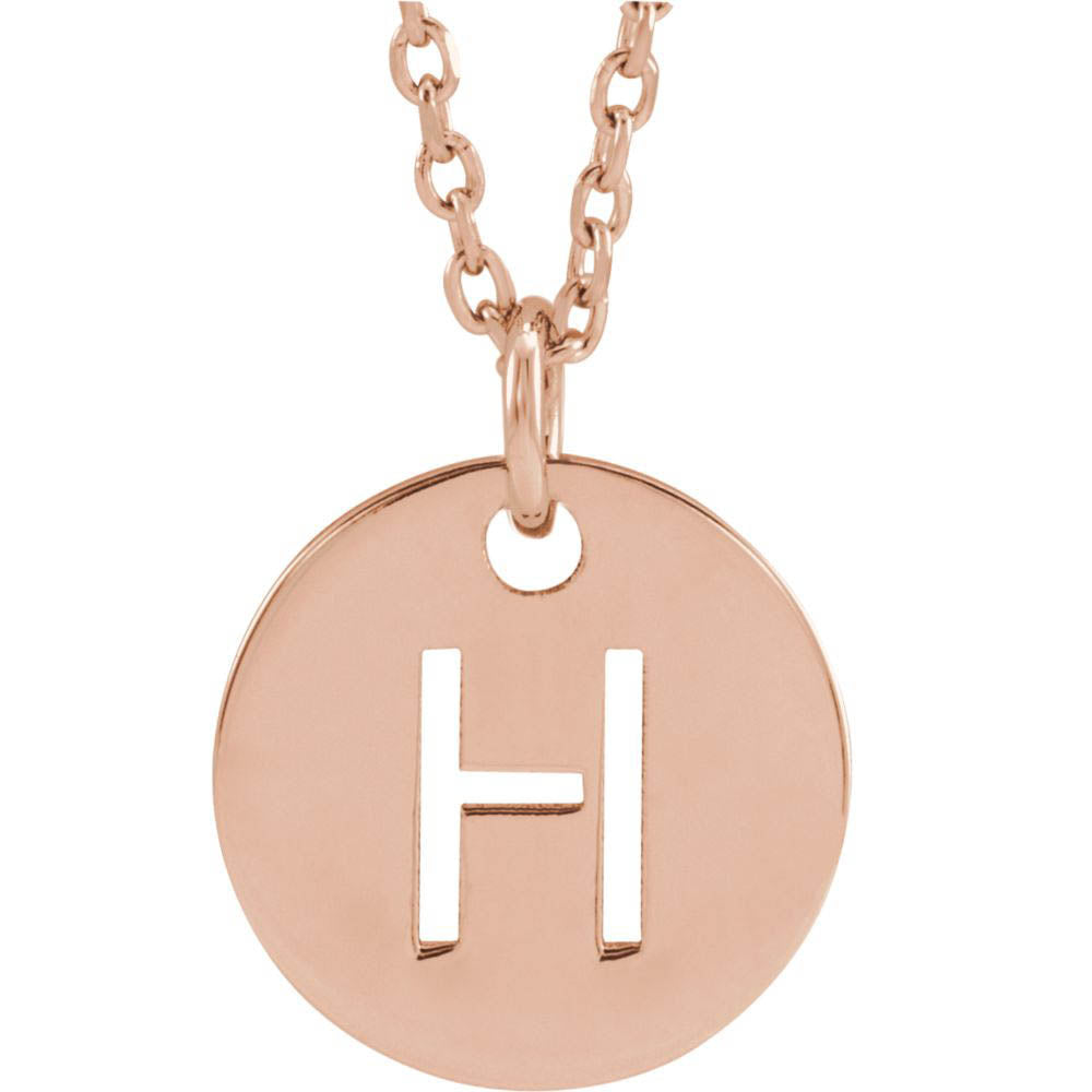 14k Rose Gold Initial H, Small 10mm Pierced Disc Necklace, 16-18 Inch, Item N18189-H by The Black Bow Jewelry Co.